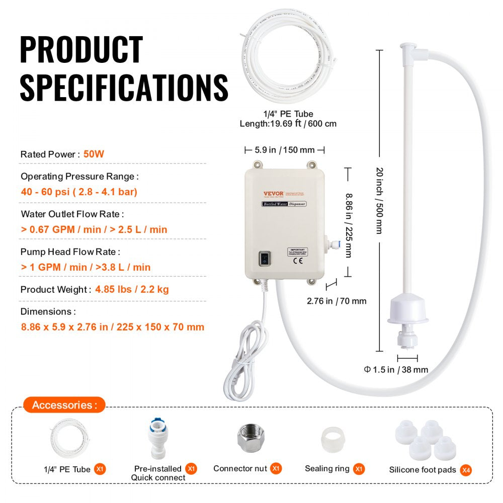 Bottled Water Dispensing Pump System,110V 20ft US Plug High Flow Bottled Water Pump with Single Inlet , Bottled Water System for Home Kitchen Office Bar Coffee Brewer Ice-Maker Refrigerator