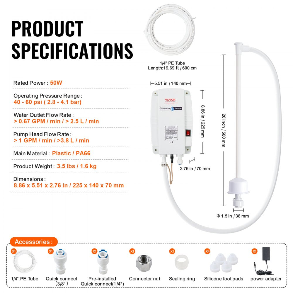 Bottled Water Dispenser Pump System , 110V 20ft US Plug High Flow Bottled Water Pump with Single Inlet , Water Dispenser Pump Compatible Use with Coffee/Tea Machines, Ice Makers