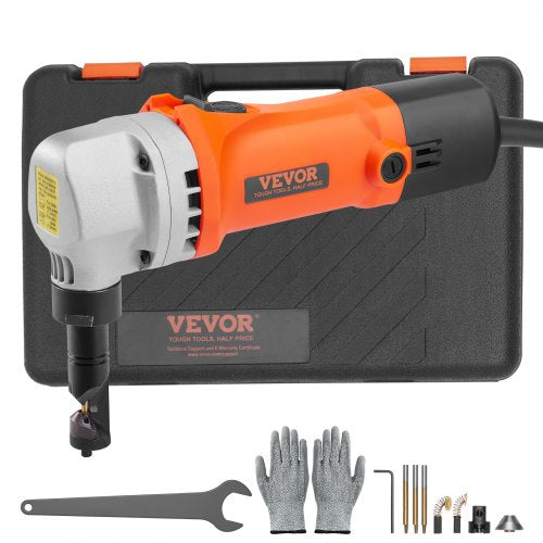 Orange 550W VEVOR sheet metal nibbler with 360° cutter in black toolbox, plus gloves and tools.