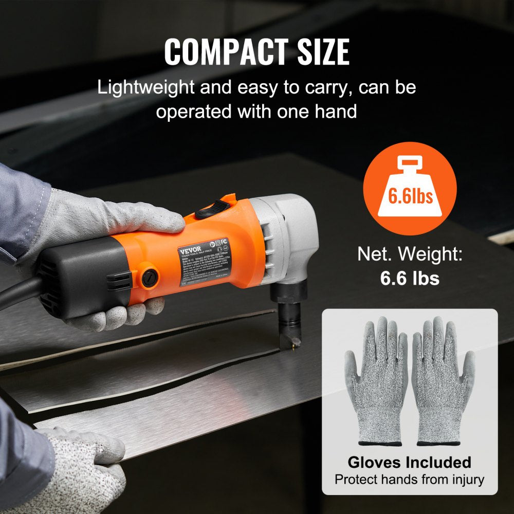 Orange and black Bostome 550W sheet metal nibbler with safety gloves and metal cutting demonstration.