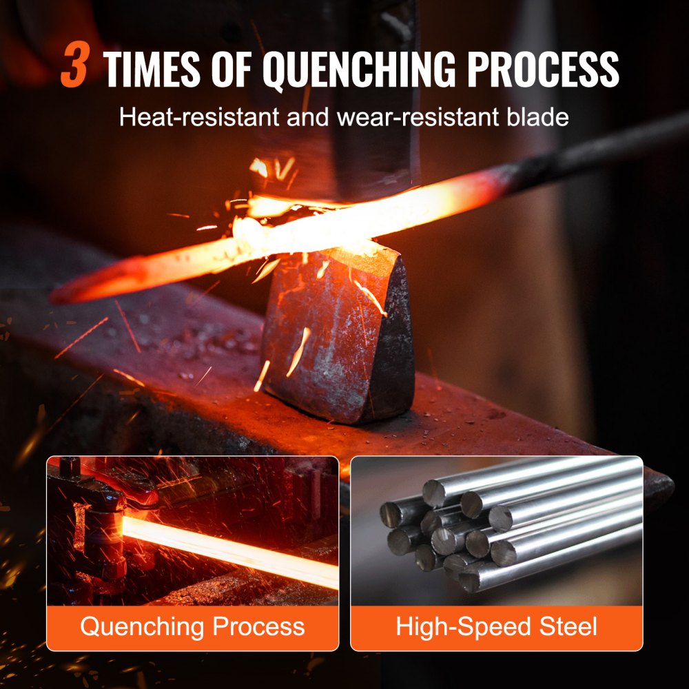 Infographic showing 3x quenching process for heat- and wear-resistant high-speed steel blade.