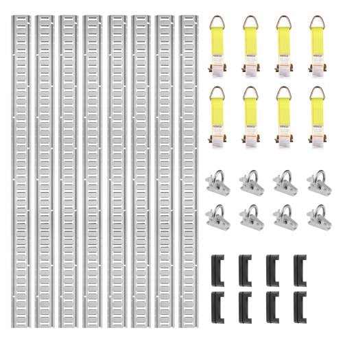 E Track Tie-Down Rail Kit, 34PCS 5FT E-Tracks Set Includes 8 Steel Rails & 2 Single Slot & 8 O Rings & 8 Tie-Offs w/D-Ring & 8 End Caps, Securing Accessories for Cargo, Motorcycles, and Bikes