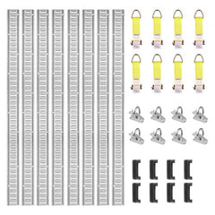 E Track Tie-Down Rail Kit, 34PCS 5FT E-Tracks Set Includes 8 Steel Rails & 2 Single Slot & 8 O Rings & 8 Tie-Offs w/D-Ring & 8 End Caps, Securing Accessories for Cargo, Motorcycles, and Bikes