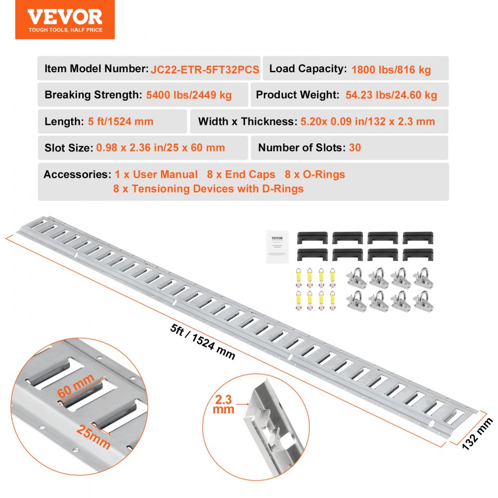 E Track Tie-Down Rail Kit, 34PCS 5FT E-Tracks Set Includes 8 Steel Rails & 2 Single Slot & 8 O Rings & 8 Tie-Offs w/D-Ring & 8 End Caps, Securing Accessories for Cargo, Motorcycles, and Bikes