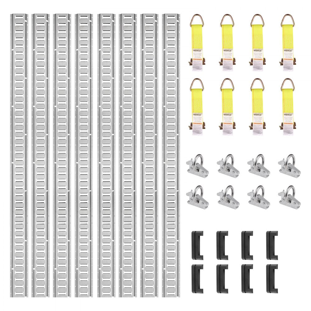 E Track Tie-Down Rail Kit, 34PCS 5FT E-Tracks Set Includes 8 Steel Rails & 2 Single Slot & 8 O Rings & 8 Tie-Offs w/D-Ring & 8 End Caps, Securing Accessories for Cargo, Motorcycles, and Bikes