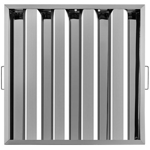 Six 20x20 inch 430 stainless steel baffle hood filters with vertical slats and side handles.