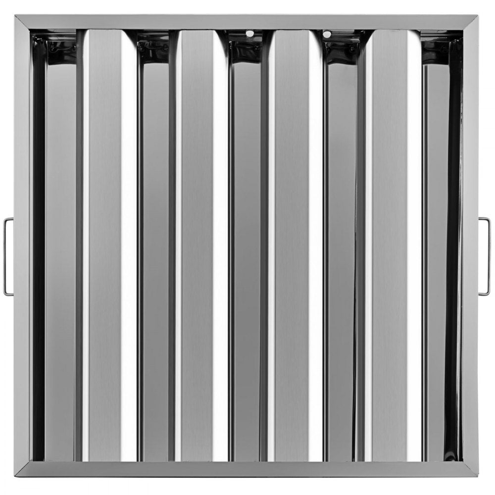Six 20x20 inch 430 stainless steel baffle hood filters with vertical slats and handles.