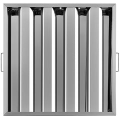 Six 20x20 inch 430 stainless steel baffle hood filters with vertical slats and handles.
