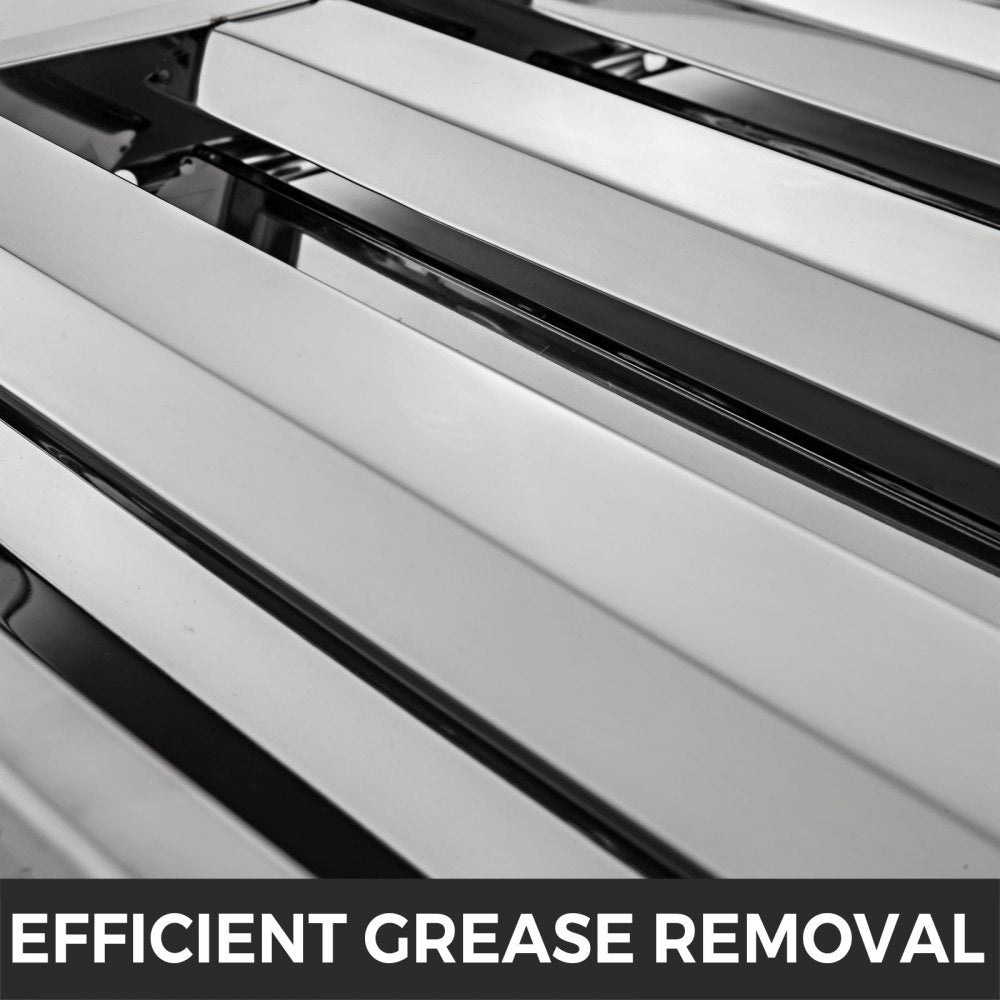 Six 20x20 inch 430 stainless steel baffle hood filters with grease removal channels.