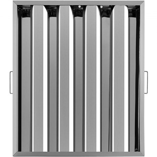 Six 20x25" stainless steel range hood filters with baffle design and side handles for easy use.