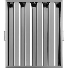 Six 20x25" stainless steel range hood filters with baffle design and side handles for easy use.
