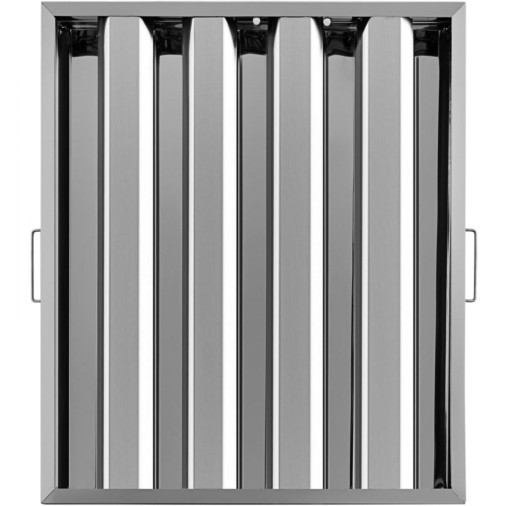 Stainless steel range hood filters, 20x25 inches, with baffle design and side handles, 6-pack.