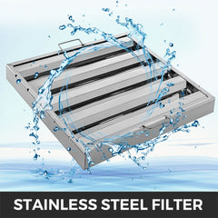 Stainless steel range hood filters, 20x25 inches, designed for efficient grease management.
