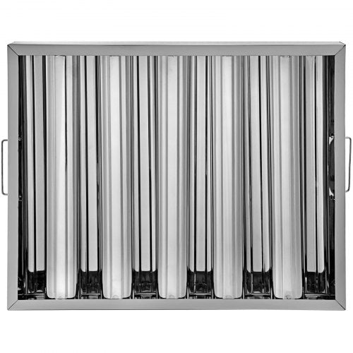 6-pack of 20x16 inch 430 stainless steel 5-groove hood filters with side handles.