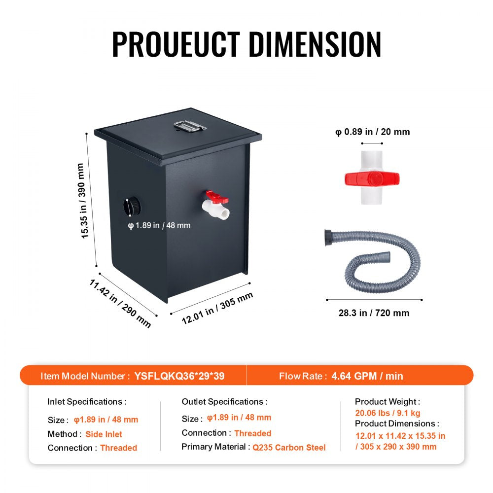 8LBS Commercial Grease Interceptor Trap Carbon Steel Waste Water Filter