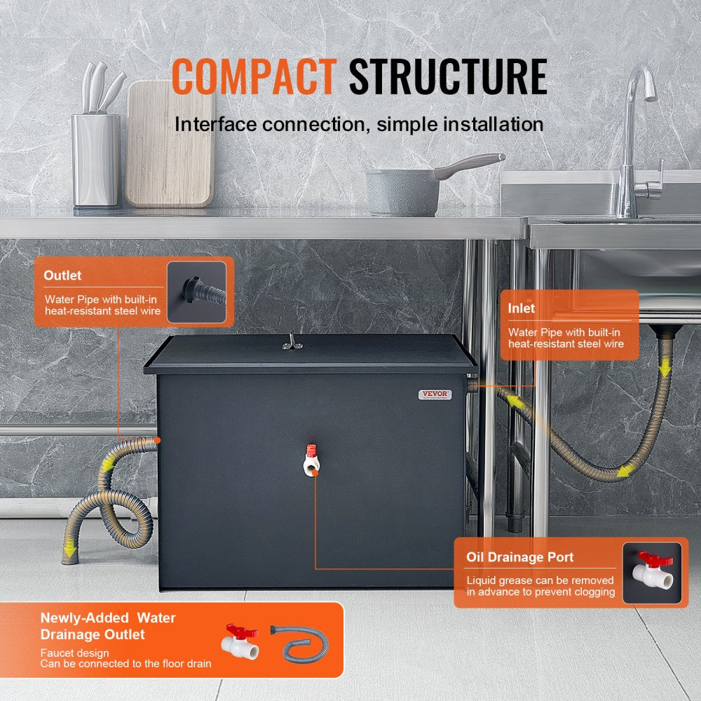 50LBS Commercial Grease Interceptor Trap Carbon Steel Waste Water Filter