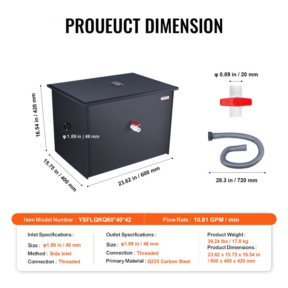 30LBS Commercial Grease Interceptor Trap Carbon Steel Waste Water Filter