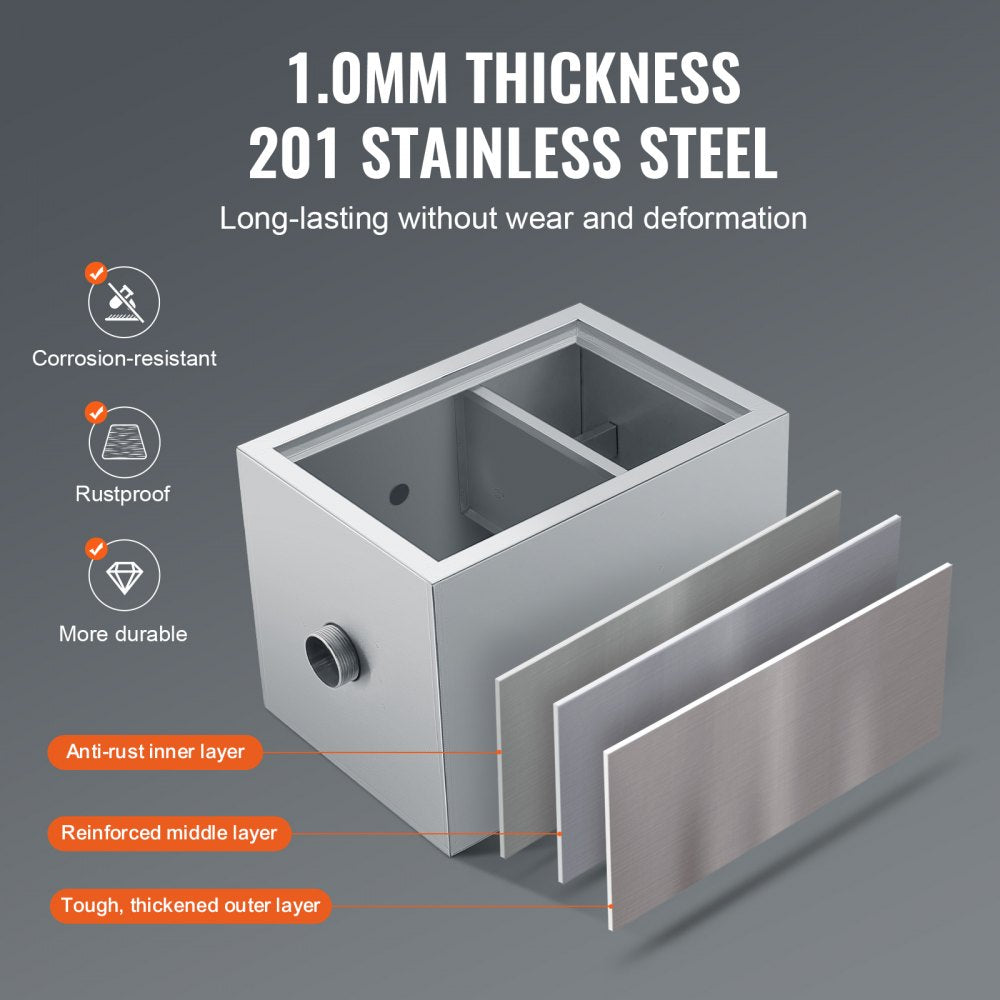 Stainless steel grease trap with 1.0mm thick walls, dual compartments, and layered construction.