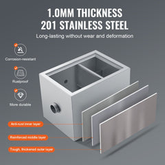Stainless steel grease trap with 1.0mm thick walls, dual compartments, and layered construction.