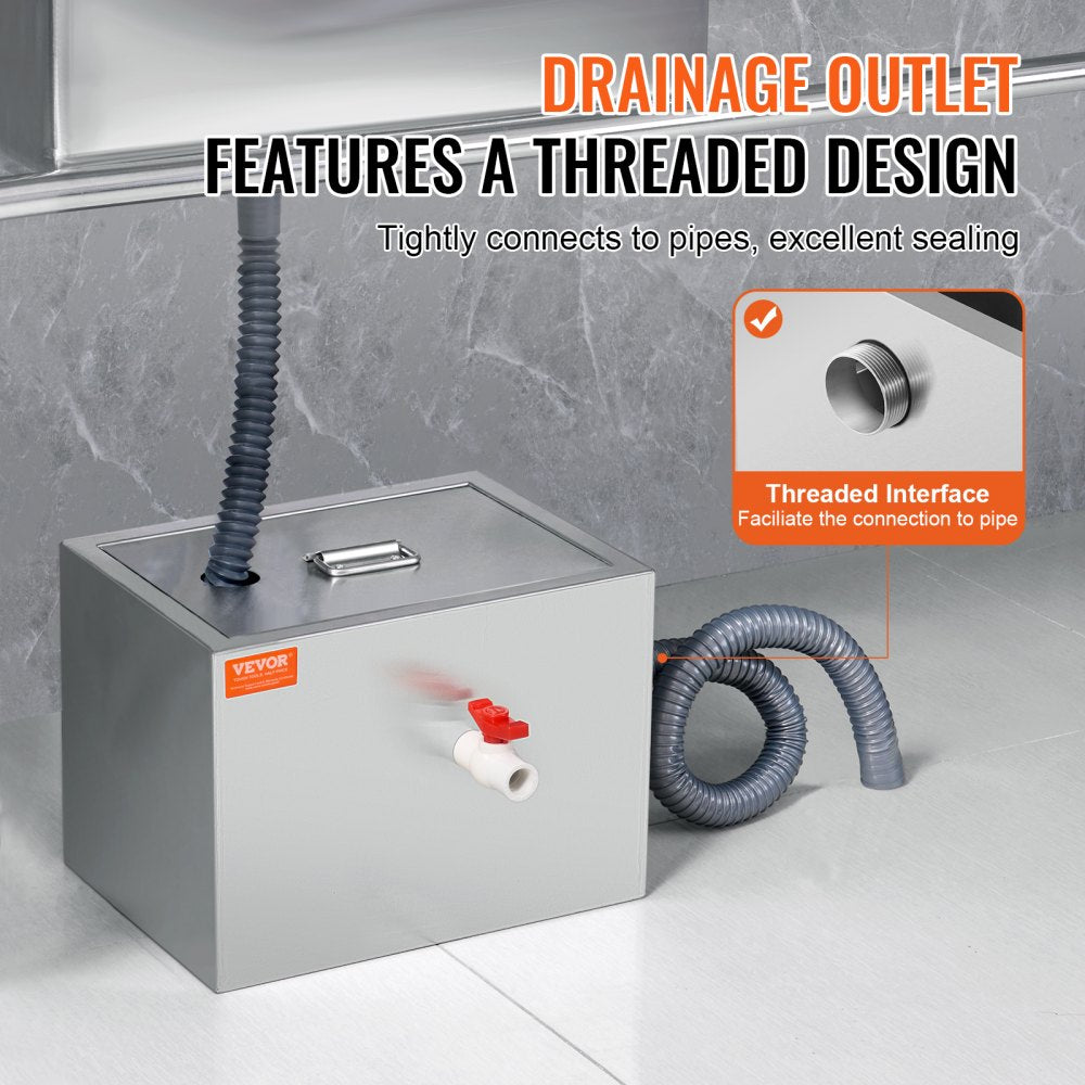 Stainless steel 8 LBS grease trap with threaded drainage outlet and under-sink piping.