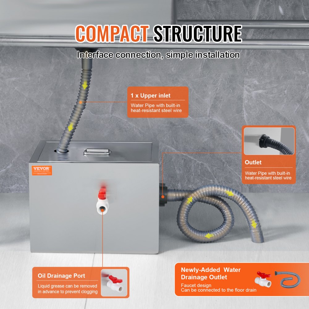 Compact stainless steel grease trap with upper inlet, drainage outlet, and hoses for under-sink installation.