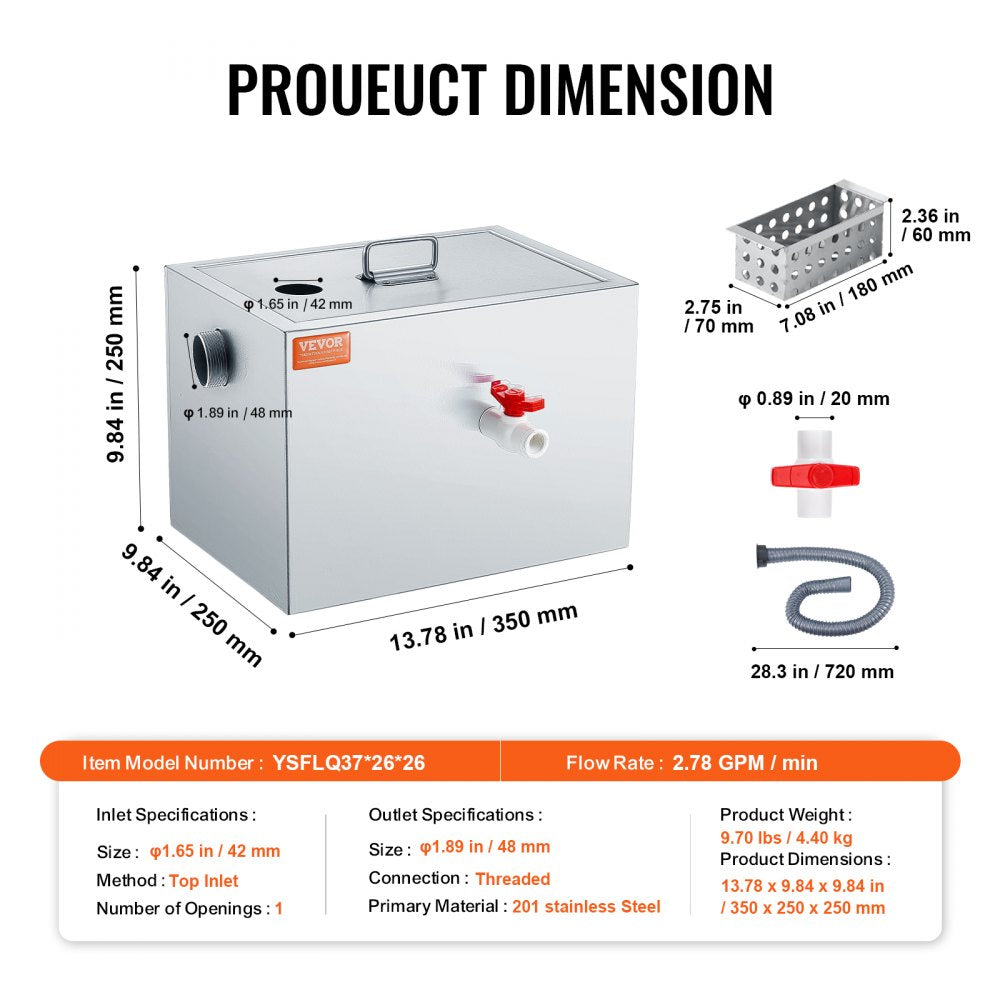 Diagram of Bostome 8 LBS stainless steel grease trap showing dimensions, 2.8 GPM flow rate, and under-sink specs.