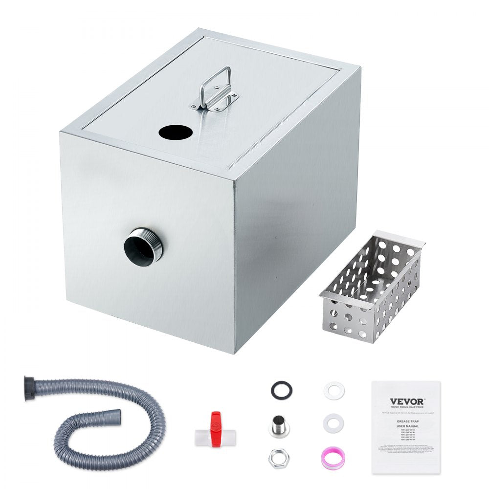Stainless steel 8 LBS grease trap with under-sink design, 2.8 GPM flow, and included accessories.