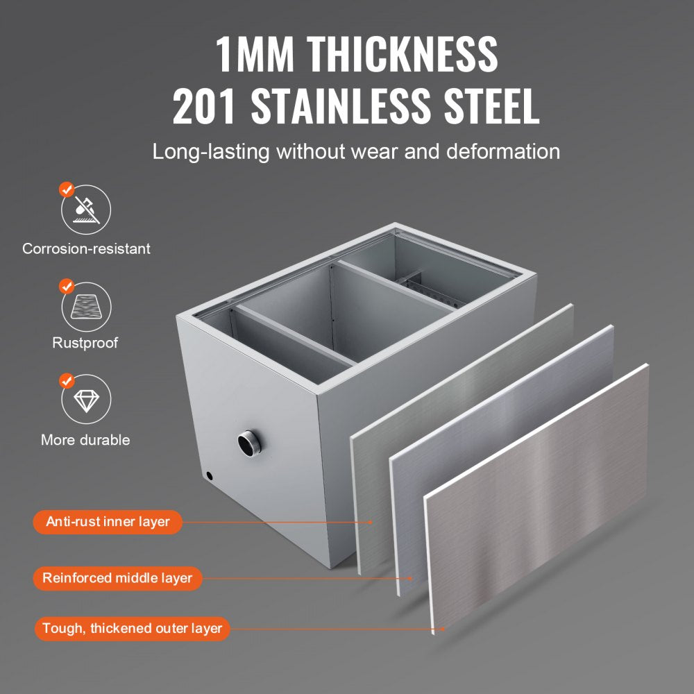 Stainless steel grease trap with dual path filtration and compact design for commercial kitchens.