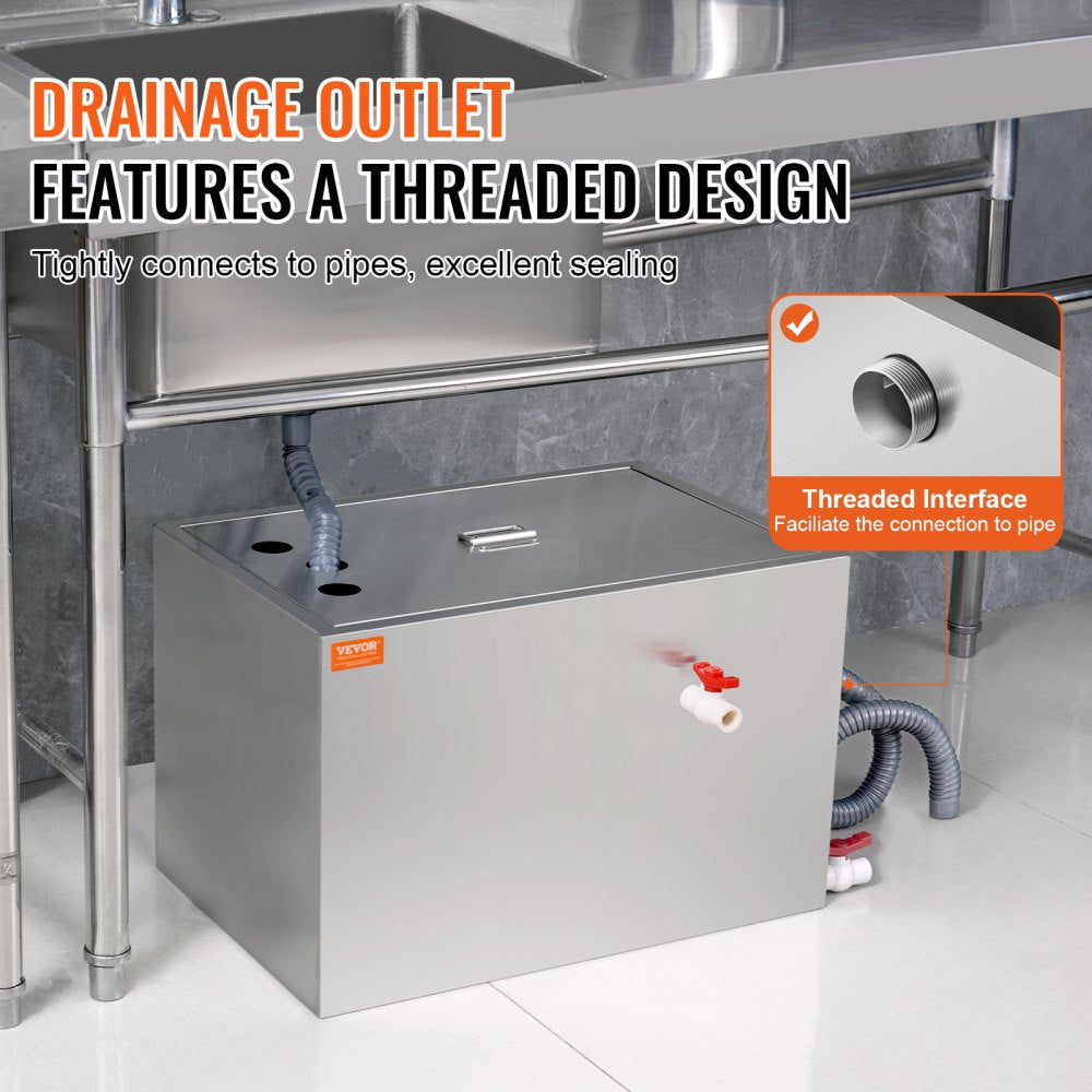 Stainless steel grease trap with dual path filtration and compact design for commercial kitchens.