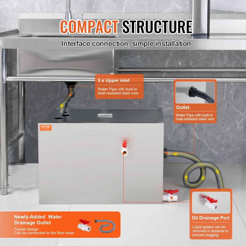 Stainless steel grease trap with dual path filtration and compact design for commercial kitchens.