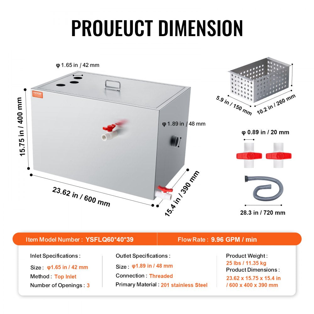 Stainless steel grease trap with dual path filtration and compact design for commercial kitchens.
