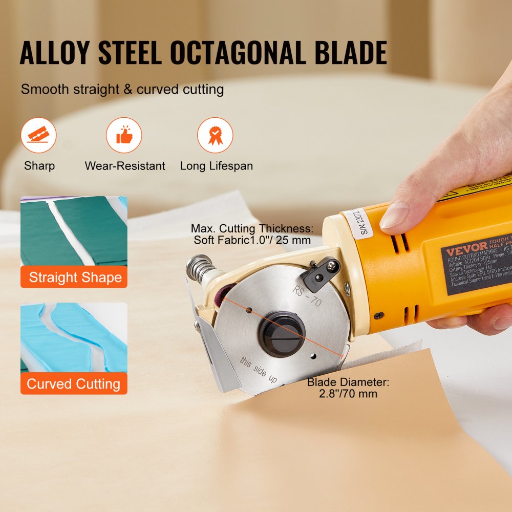 Bostome 170W Electric Rotary Fabric Cutter with a 1-inch octagonal blade for cutting leather.