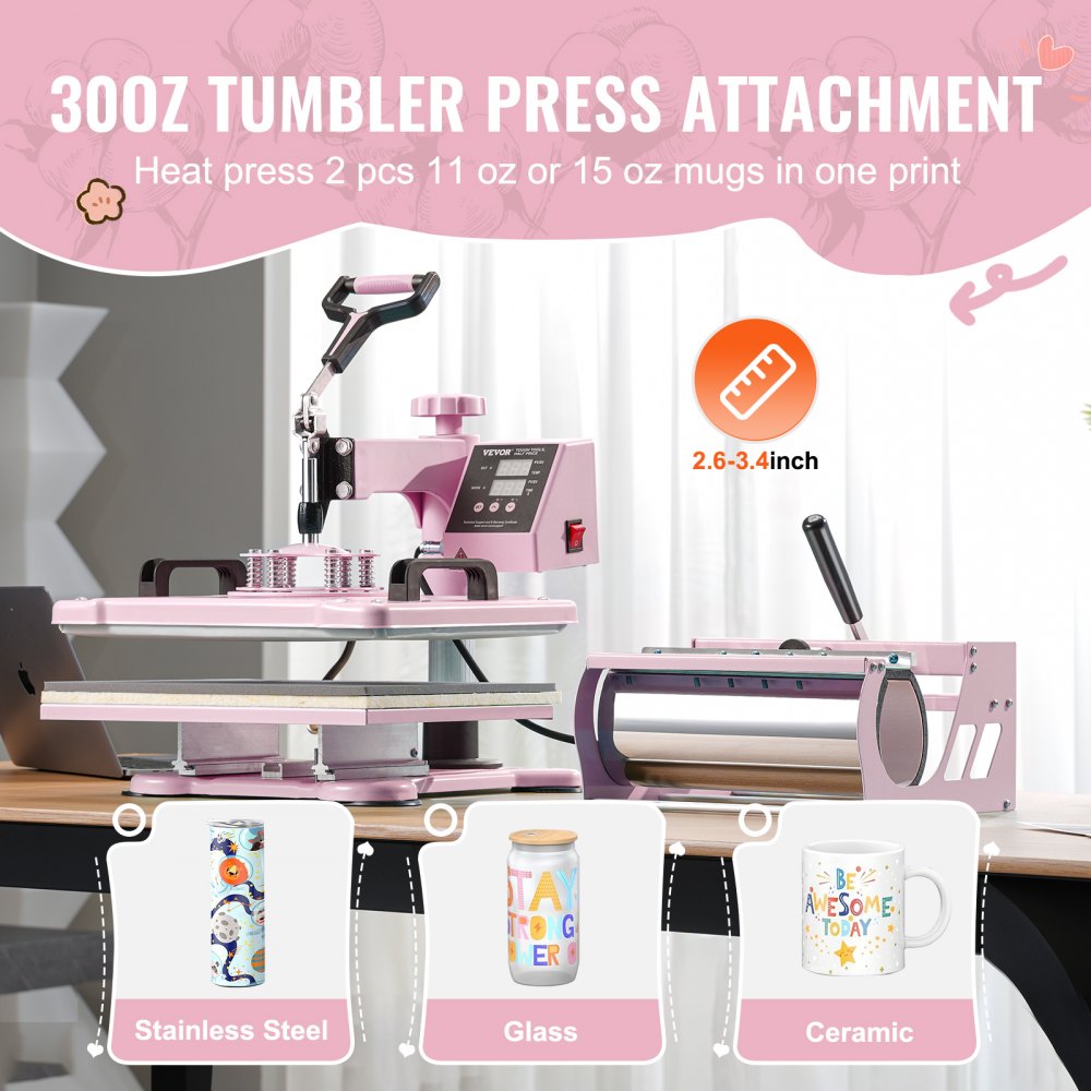 Bostome 5-in-1 heat press machine in pink with 12x15 inch plate and tumbler press attachment.