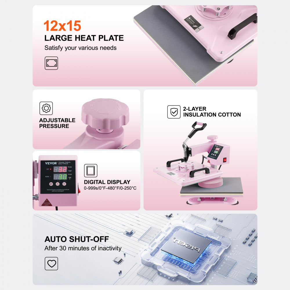 Pink 5-in-1 heat press machine with 12x15 inch plate and 30oz tumbler press attachment.