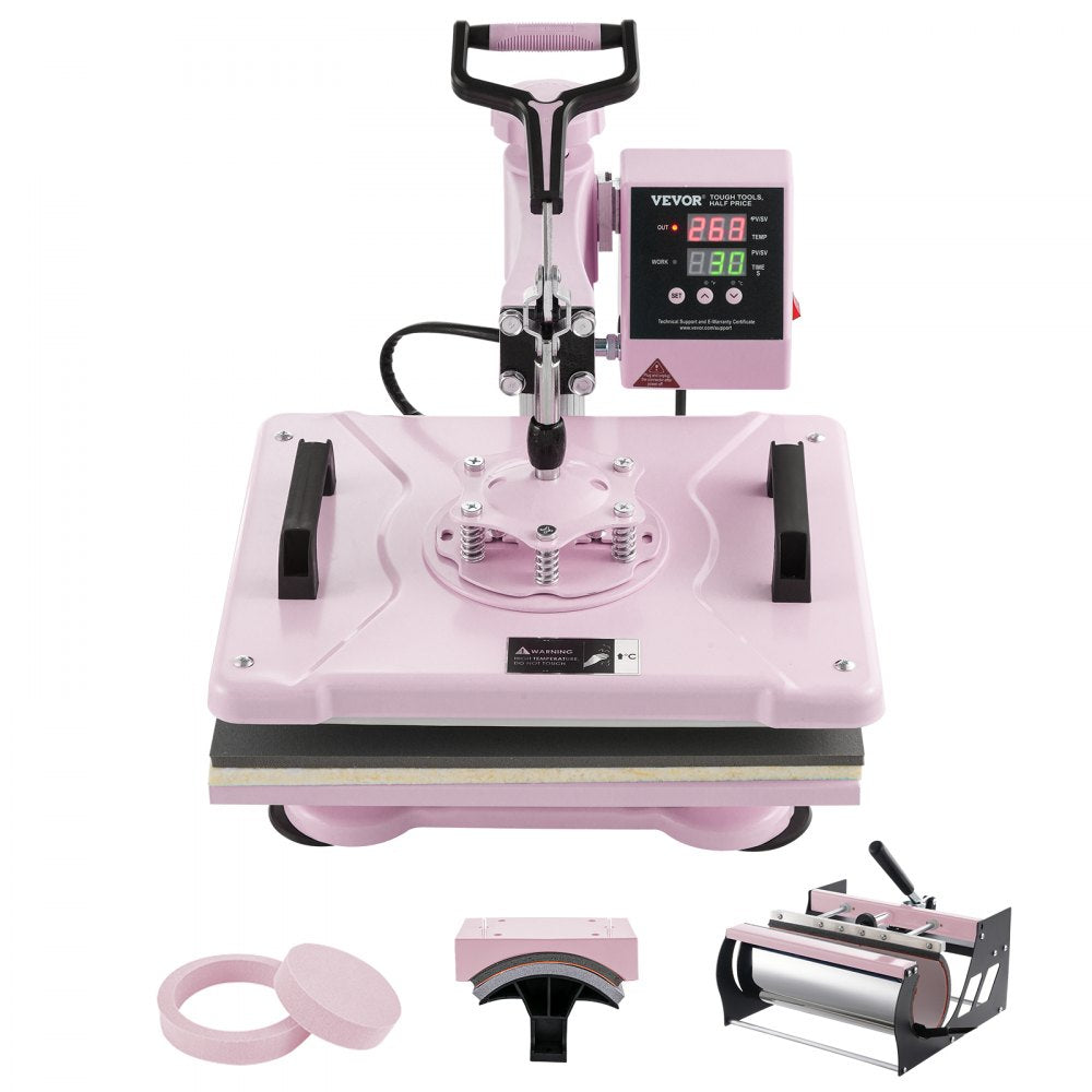 Bostome 5-in-1 heat press machine in pink with 12x15 inch heating plate and tumbler press attachment.