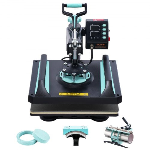 Bostome 5-in-1 heat press machine in black and green with 12x15-inch platen and accessories.