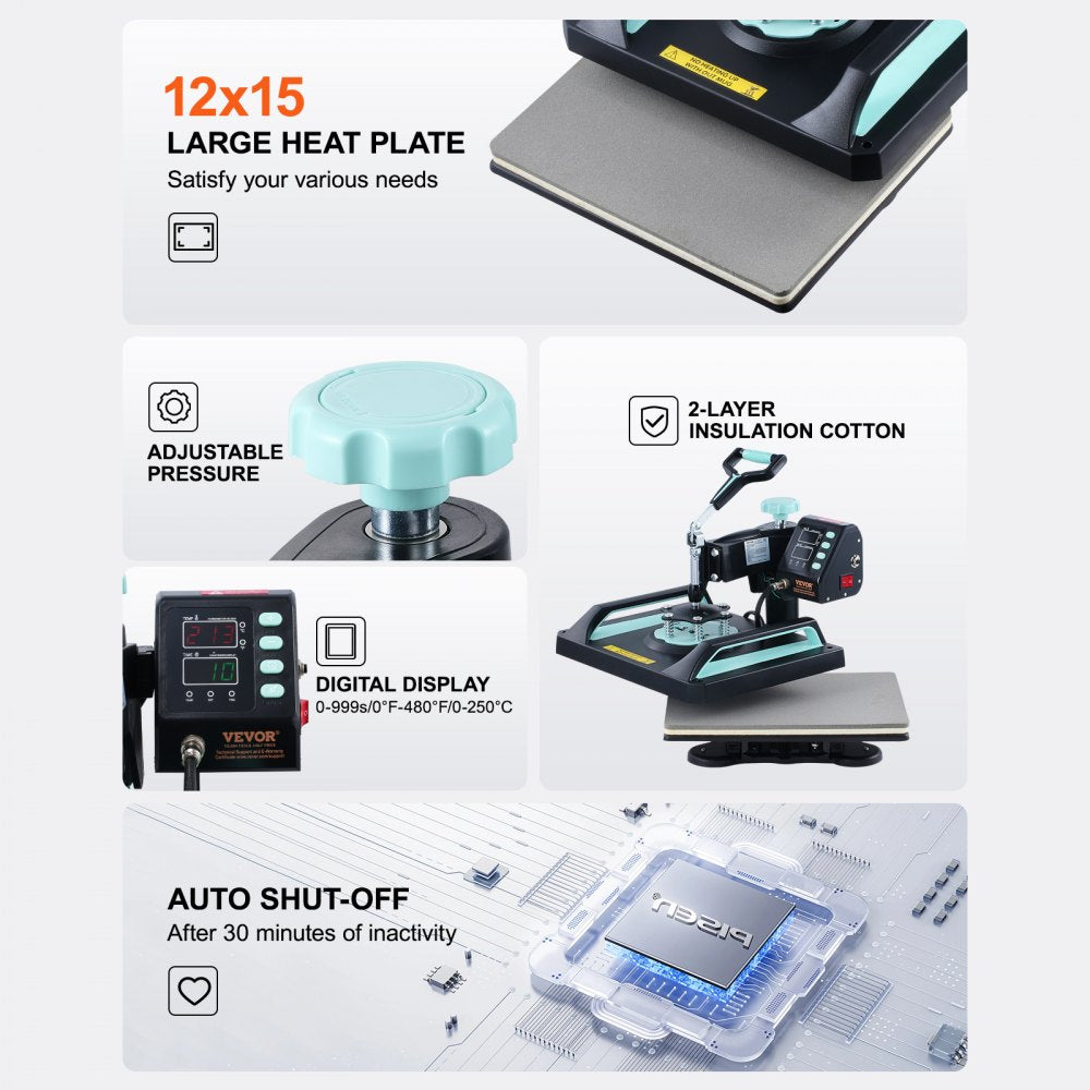 Bostome 5-in-1 heat press machine with 12x15-inch black and green design, digital display, and adjustable pressure.