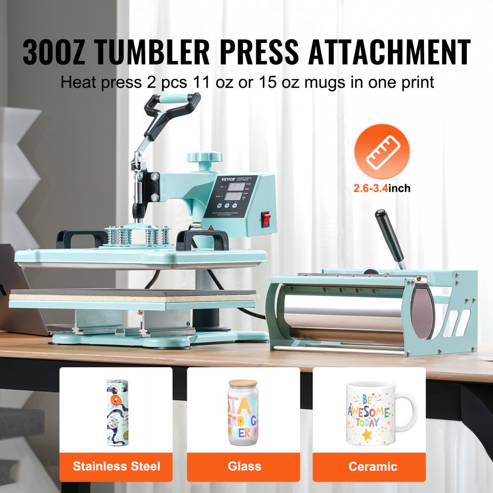 Green Bostome 5-in-1 heat press machine with 12x15" plate and 30oz tumbler press attachments.