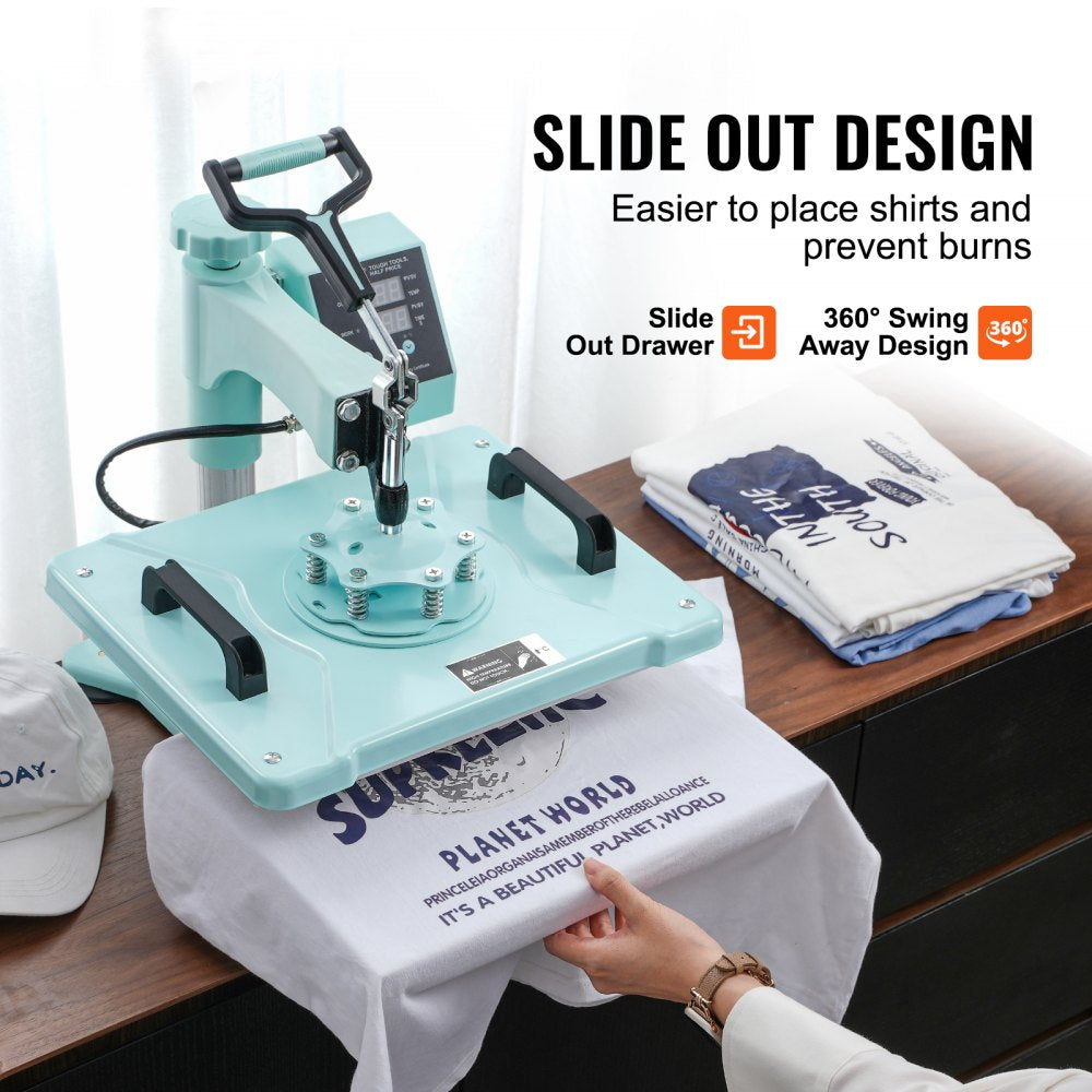 Green Bostome 5-in-1 heat press machine with 12x15" plate and 30oz tumbler attachment.