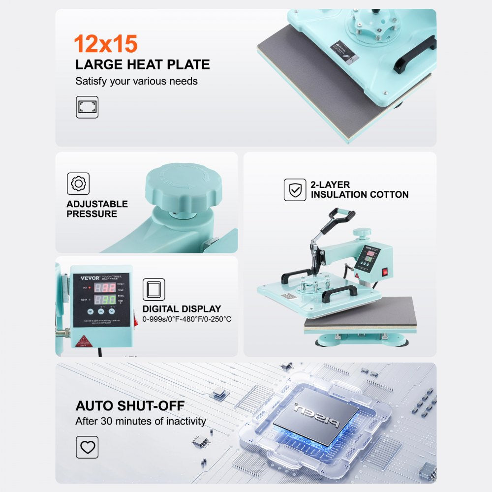 Green Bostome 5-in-1 heat press machine with 12x15" plate and 30oz tumbler press attachments.