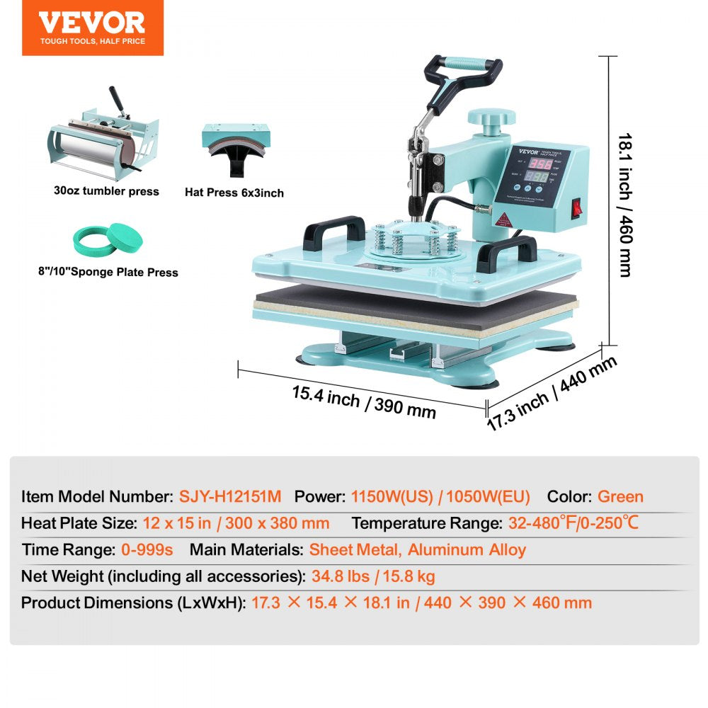 Bostome 5-in-1 heat press machine in green with attachments for various crafting projects.