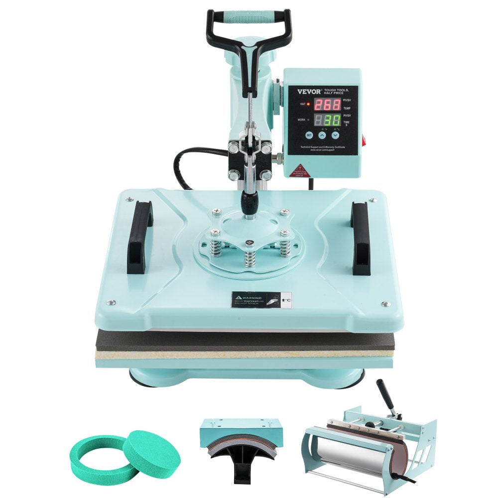 Bostome 5-in-1 heat press machine in green with a 12x15" plate and tumbler press attachment.