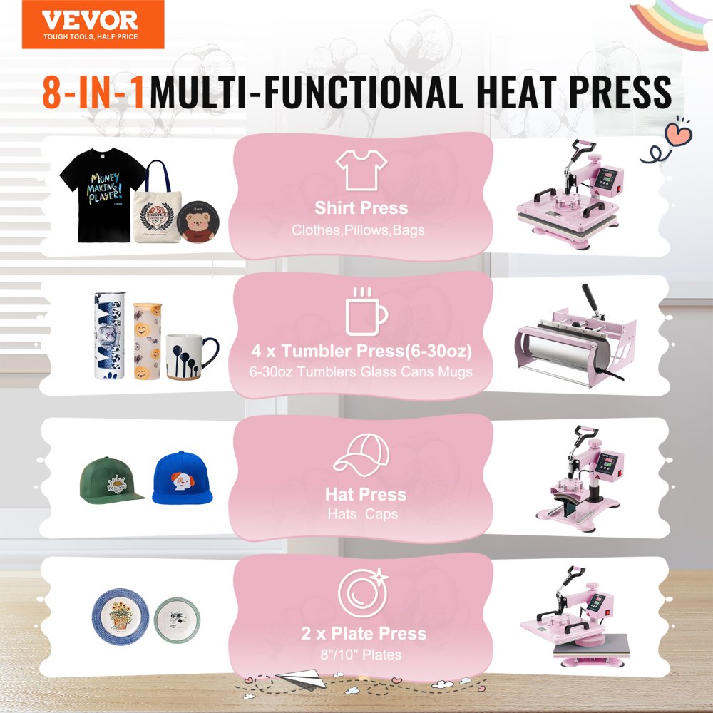 Pink 8-in-1 heat press machine with 12x15-inch platen and 30oz tumbler attachment for shirts, mugs, hats, and plates.