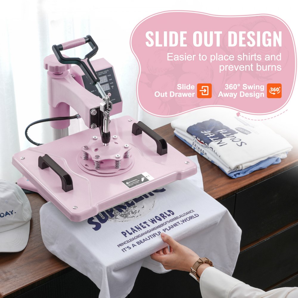 Pink 8-in-1 heat press machine with 12x15-inch platen, swing-away arm, pull-out drawer, and 30oz tumbler attachment.