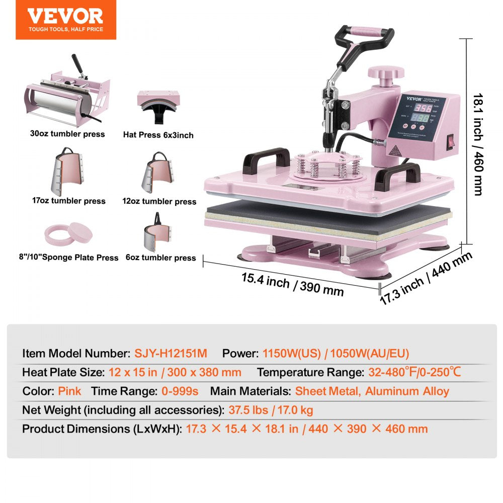 Pink 8-in-1 heat press machine with 12x15-inch platen and 30oz tumbler attachment.
