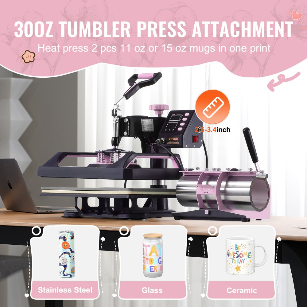 Bostome 8-in-1 heat press machine in black and pink with a 12x15 inch heating plate.