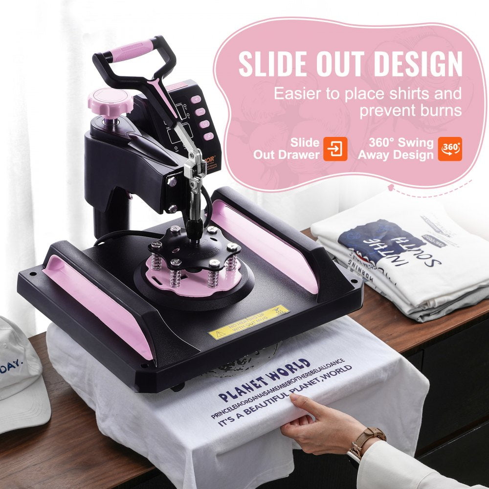 Bostome 8-in-1 heat press machine in black and pink with a 12x15 inch heating plate.