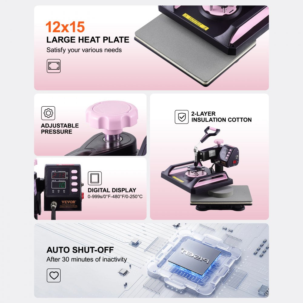 Bostome 8-in-1 heat press machine in black and pink, featuring a 12x15 inch heating plate.