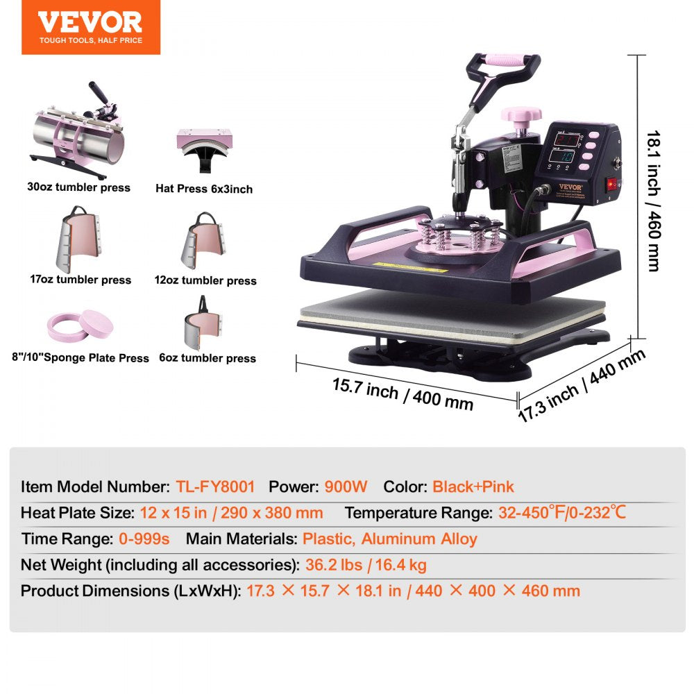 Black and pink Bostome 8-in-1 heat press machine with a 12x15 inch plate and multiple attachments.