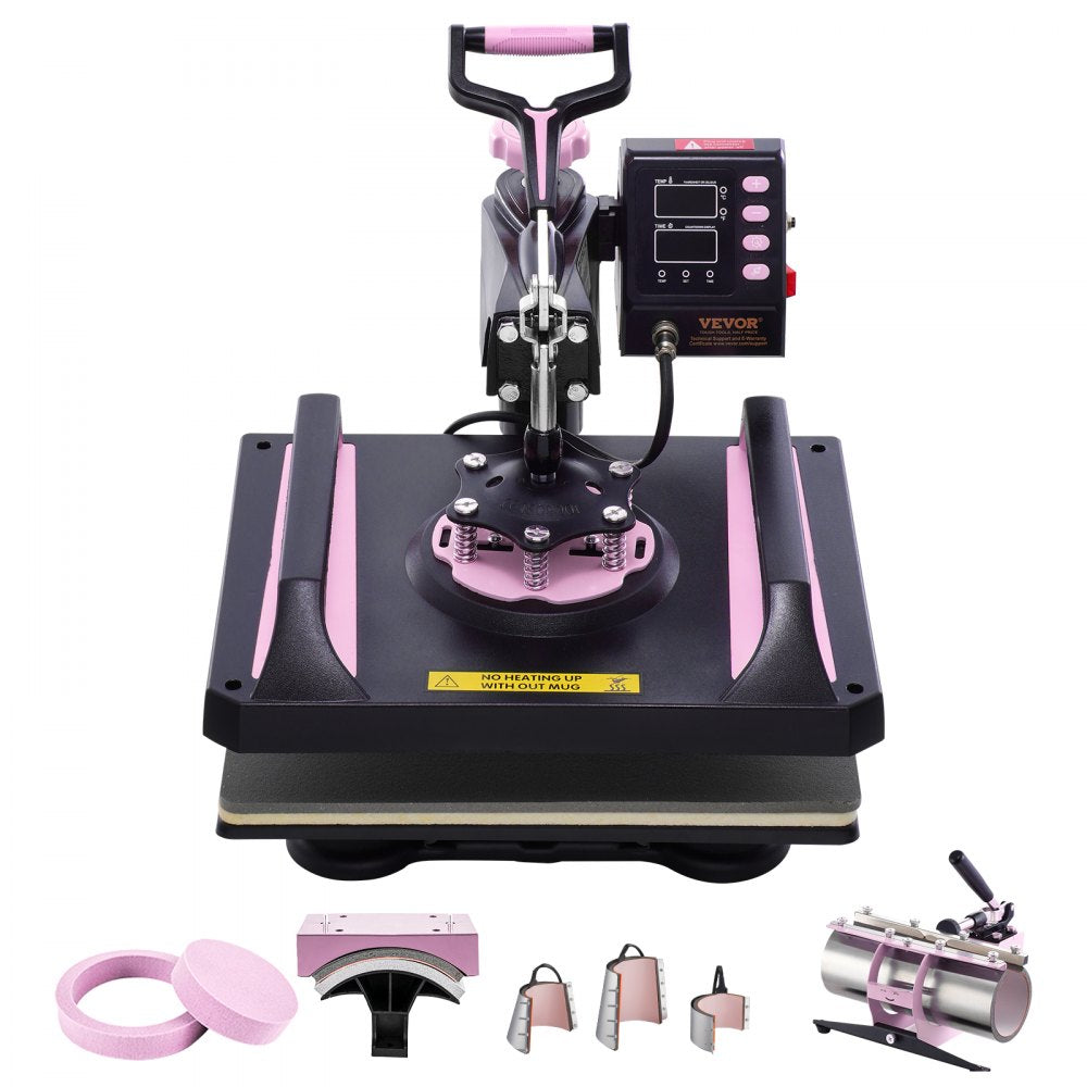 Bostome 8-in-1 heat press machine in black and pink, designed for T-shirts and tumblers.
